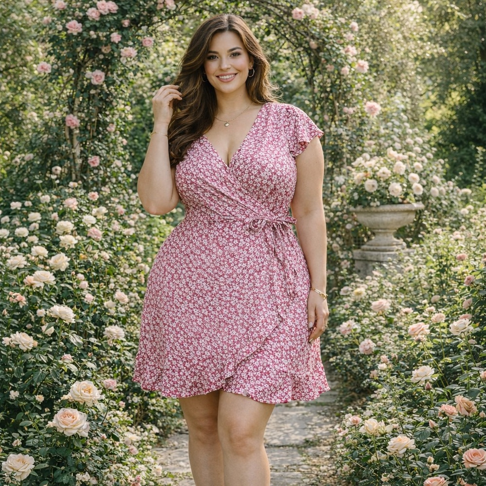 Jessica Howard Floral Faux Wrap Dress Ruffled Pink Short Sleeve Plus Size 24W